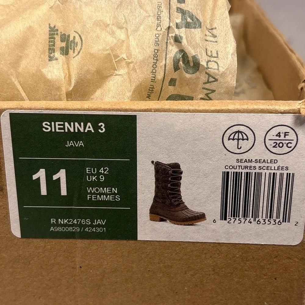Kamik Sienna 3 Waterproof Lace-Up Boots Womens 11 Java NWT Made in USA